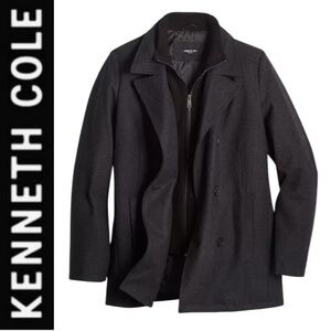 KENNETH COLE MENS BLACK WOOL BLEND DOUBLE BREASTED KNIT BIB TAILORED PEACOAT